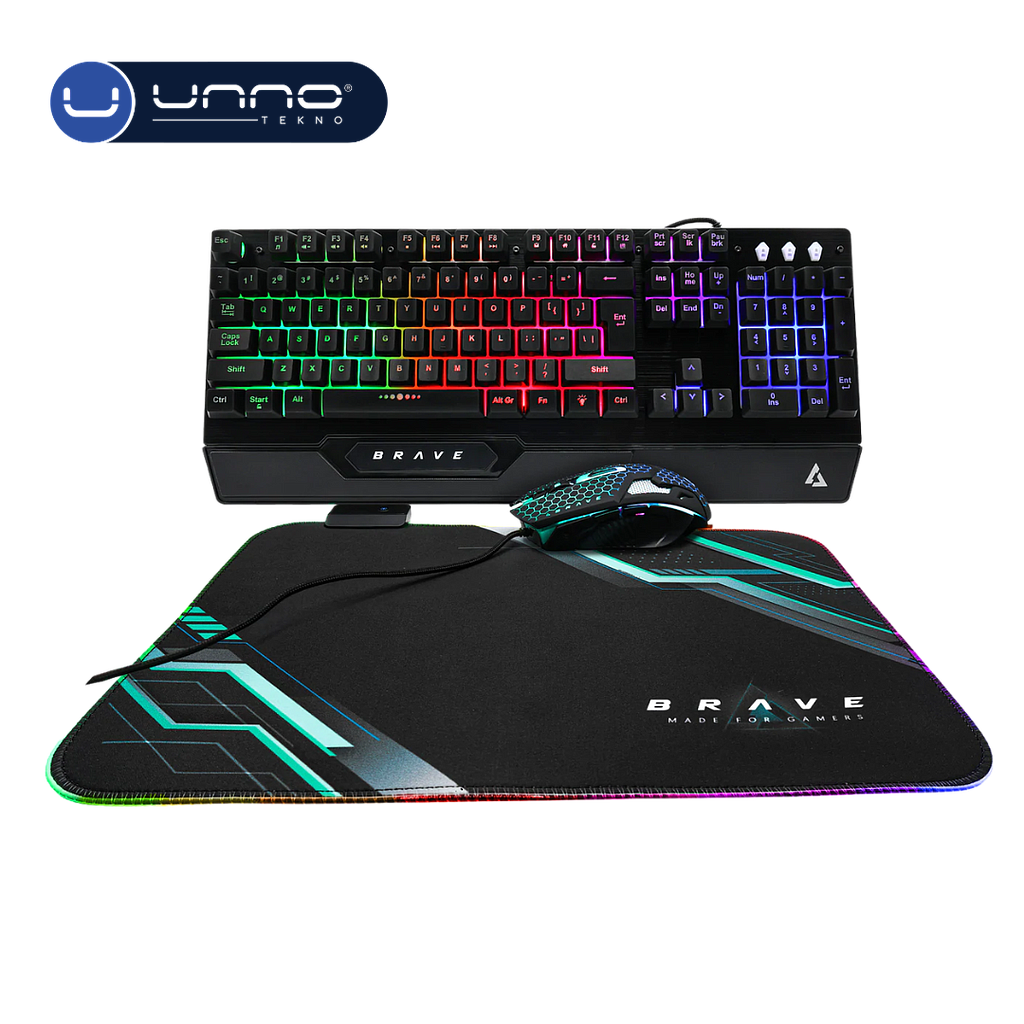 Combo UNNO TEKNO Brave Teclado, Mouse y Alfombrilla Gaming (KB6784BK)